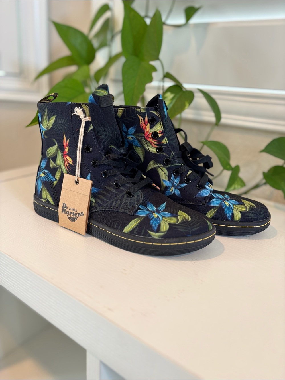 Dr. Martens Black High-Top Sneakers with Blue & Green Floral Print